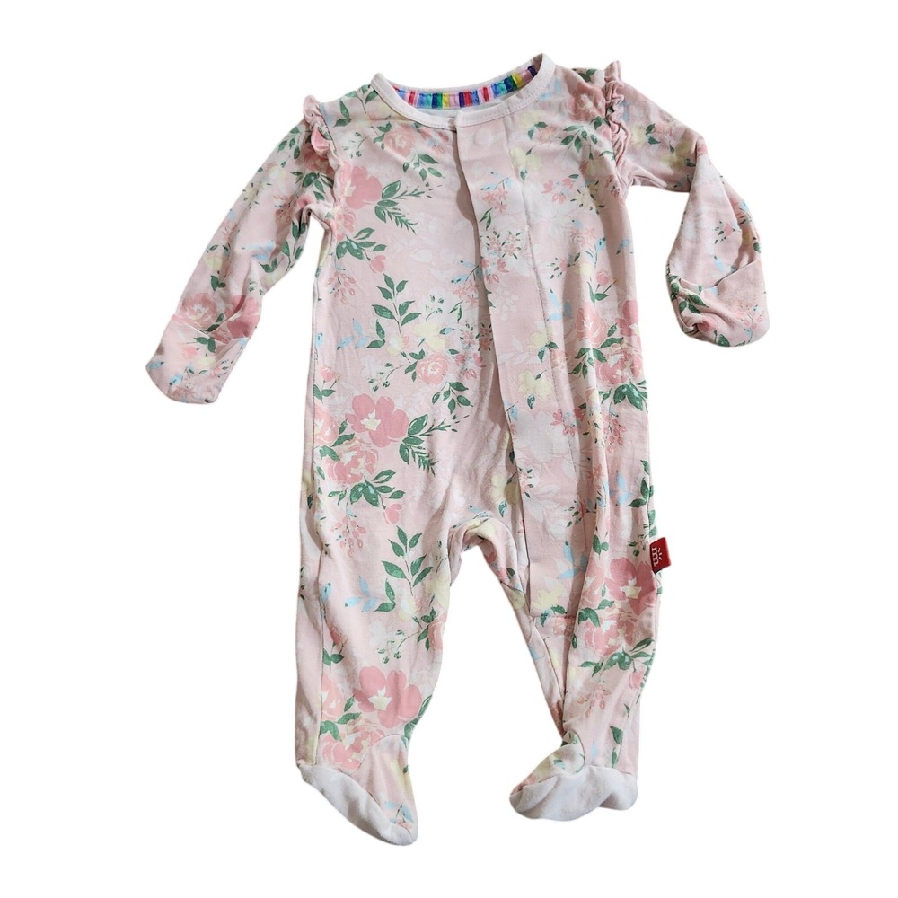 Magnetic Me Newborn Pink Floral Modal Magnetic Footie Sleeper Ruffle Bamboo